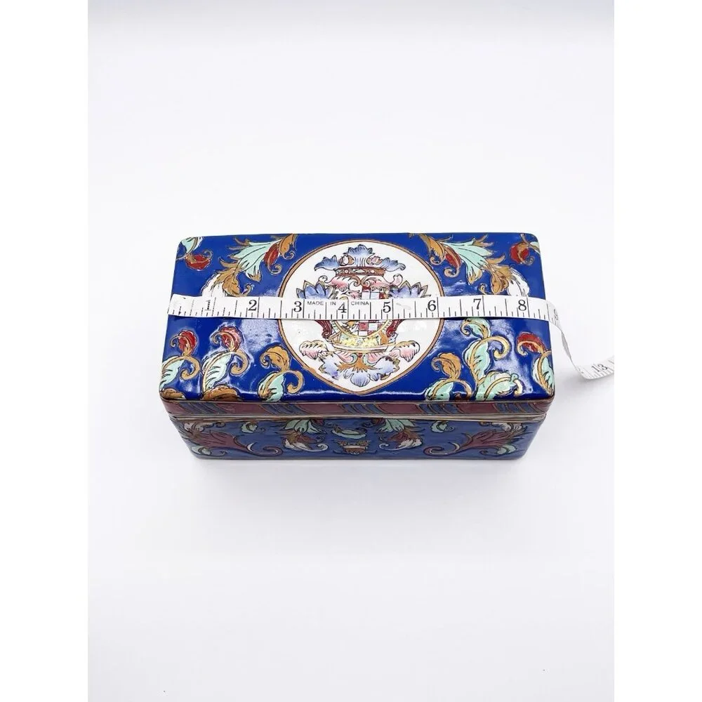 Vintage Neiman Marcus Macau Ceramic Trinket Box Heraldic Crest Blue Porcelain